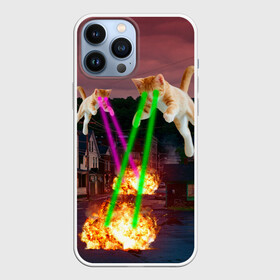 Чехол для iPhone 13 Pro Max с принтом Кошачья Атака в городе Новоалтайск,  |  | Тематика изображения на принте: attack | bomb | cat | lazer | meme | neon | party | вечеринка | взрыв | коты | кошак | кошка | лазер | мем | неон | огонь