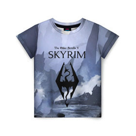 Детская футболка 3D с принтом THE ELDER SCROLLS 5 SKYRIM в городе Новоалтайск, 100% гипоаллергенный полиэфир | прямой крой, круглый вырез горловины, длина до линии бедер, чуть спущенное плечо, ткань немного тянется | art game | art skyrim | forest | game | skyrim | the elder scrolls v skyrim | горы | довакин | древние свитки | игра | лес | небо | скайрим