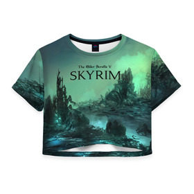 Женская футболка Cropp-top с принтом SKYRIM в городе Новоалтайск, 100% полиэстер | круглая горловина, длина футболки до линии талии, рукава с отворотами | art game | art skyrim | forest | game | skyrim | the elder scrolls v skyrim | горы | довакин | древние свитки | игра | лес | небо | скайрим