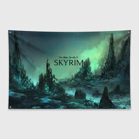 Флаг-баннер с принтом SKYRIM в городе Новоалтайск, 100% полиэстер | размер 67 х 109 см, плотность ткани — 95 г/м2; по краям флага есть четыре люверса для крепления | art game | art skyrim | forest | game | skyrim | the elder scrolls v skyrim | горы | довакин | древние свитки | игра | лес | небо | скайрим