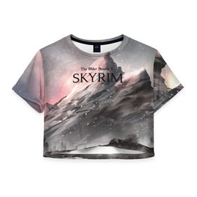 Женская футболка Cropp-top с принтом The Elder Scrolls Skyrim в городе Новоалтайск, 100% полиэстер | круглая горловина, длина футболки до линии талии, рукава с отворотами | art game | art skyrim | forest | game | skyrim | the elder scrolls v skyrim | горы | довакин | древние свитки | игра | лес | небо | скайрим