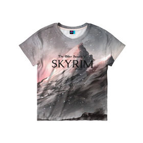 Детская футболка 3D с принтом The Elder Scrolls Skyrim в городе Новоалтайск, 100% гипоаллергенный полиэфир | прямой крой, круглый вырез горловины, длина до линии бедер, чуть спущенное плечо, ткань немного тянется | art game | art skyrim | forest | game | skyrim | the elder scrolls v skyrim | горы | довакин | древние свитки | игра | лес | небо | скайрим