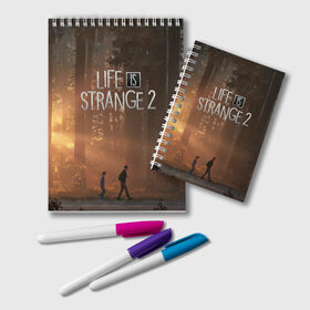 Блокнот с принтом Life is Strange 2 в городе Новоалтайск, 100% бумага | 48 листов, плотность листов — 60 г/м2, плотность картонной обложки — 250 г/м2. Листы скреплены удобной пружинной спиралью. Цвет линий — светло-серый
 | Тематика изображения на принте: adventure | life | life is strange | road | video game | дороги | жизнь | закат | квест | лес | приключения