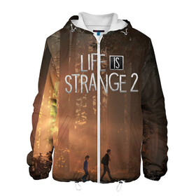 Мужская куртка 3D с принтом Life is Strange 2 в городе Новоалтайск, ткань верха — 100% полиэстер, подклад — флис | прямой крой, подол и капюшон оформлены резинкой с фиксаторами, два кармана без застежек по бокам, один большой потайной карман на груди. Карман на груди застегивается на липучку | adventure | life | life is strange | road | video game | дороги | жизнь | закат | квест | лес | приключения