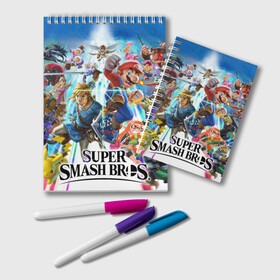 Блокнот с принтом Super Smash Bros Ultimate в городе Новоалтайск, 100% бумага | 48 листов, плотность листов — 60 г/м2, плотность картонной обложки — 250 г/м2. Листы скреплены удобной пружинной спиралью. Цвет линий — светло-серый
 | donkey | fighting | kong | mario | nintendo | pokemon | super | байонетта | бельмонты | донки | клауд | конг | мегамен | пикачу | пэкмэн | рихтер | рю | саймон | снейк | солид | соник | страйф | файтинг