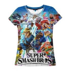 Женская футболка 3D с принтом Super Smash Bros. Ultimate в городе Новоалтайск, 100% полиэфир ( синтетическое хлопкоподобное полотно) | прямой крой, круглый вырез горловины, длина до линии бедер | donkey | fighting | kong | mario | nintendo | pokemon | super | байонетта | бельмонты | донки | клауд | конг | мегамен | пикачу | пэкмэн | рихтер | рю | саймон | снейк | солид | соник | страйф | файтинг