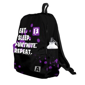 Рюкзак 3D с принтом Eat Sleep Fortnite Repeat в городе Новоалтайск, 100% полиэстер | лямки с регулируемой длиной, сверху петелька, чтобы рюкзак можно было повесить на вешалку. Основное отделение закрывается на молнию, как и внешний карман. Внутри два дополнительных кармана, один из которых закрывается на молнию. По бокам два дополнительных кармашка | battle | boss | epic | floss | fortnite | game | games | lama | pubg | pvp | royale | save | survival | the | world | битва | выживание | дроп | игра | игры | королевская | лама | массакр | мир | пабг | спасти | фортнайт