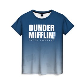 Женская футболка 3D с принтом The Office: Dunder Mifflin в городе Новоалтайск, 100% полиэфир ( синтетическое хлопкоподобное полотно) | прямой крой, круглый вырез горловины, длина до линии бедер | company | dunder | inc | mifflin | office | paper | the | бумага | бумаги | бумажная | дандер | компания | контора | корпорация | листочки | листы | лого | логотип | миффлин | офис | оффис | сериал | сериалы | символ | синий