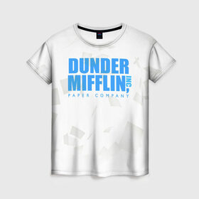 Женская футболка 3D с принтом Dunder Mifflin (The Office) в городе Новоалтайск, 100% полиэфир ( синтетическое хлопкоподобное полотно) | прямой крой, круглый вырез горловины, длина до линии бедер | company | dunder | inc | mifflin | office | paper | the | бумага | бумаги | бумажная | дандер | компания | контора | корпорация | листочки | листы | лого | логотип | миффлин | офис | оффис | сериал | сериалы | символ | синий