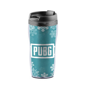 Термокружка-непроливайка с принтом PUBG Новогодний в городе Новоалтайск, внутренняя часть — пищевой пластик, наружная часть — прозрачный пластик, между ними — полиграфическая вставка с рисунком | объем — 350 мл, герметичная крышка | Тематика изображения на принте: 