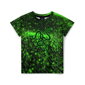 Детская футболка 3D с принтом RAZER в городе Новоалтайск, 100% гипоаллергенный полиэфир | прямой крой, круглый вырез горловины, длина до линии бедер, чуть спущенное плечо, ткань немного тянется | Тематика изображения на принте: 101 | brand | company | gamer | green | logo | mamba | naga | player | razer | rzr | snake | бренд | железо | зеленый | змея | компания | лого | рейзер | софт