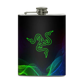Фляга с принтом RAZER в городе Новоалтайск, металлический корпус | емкость 0,22 л, размер 125 х 94 мм. Виниловая наклейка запечатывается полностью | Тематика изображения на принте: 101 | brand | company | gamer | green | logo | mamba | naga | player | razer | rzr | snake | бренд | железо | зеленый | змея | компания | лого | рейзер | софт