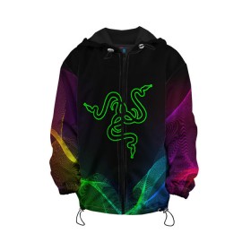 Детская куртка 3D с принтом RAZER в городе Новоалтайск, 100% полиэстер | застежка — молния, подол и капюшон оформлены резинкой с фиксаторами, по бокам — два кармана без застежек, один потайной карман на груди, плотность верхнего слоя — 90 г/м2; плотность флисового подклада — 260 г/м2 | Тематика изображения на принте: 101 | brand | company | gamer | green | logo | mamba | naga | player | razer | rzr | snake | бренд | железо | зеленый | змея | компания | лого | рейзер | софт
