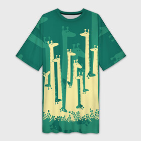 Платье-футболка 3D с принтом Жирафы в городе Новоалтайск,  |  | africa | animals | fantasy | giraffes | long | neck | silhouette | spots | stencil | surrealism | аниме | африка | ветки | длинная | животные | жирафы | зелёный | картинка | крутой | листья | лучший | пятна | растения | рисунок | силуэт