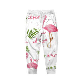 Детские брюки 3D с принтом Lil Peep pink flamingo в городе Новоалтайск, 100% полиэстер | манжеты по низу, эластичный пояс регулируется шнурком, по бокам два кармана без застежек, внутренняя часть кармана из мелкой сетки | Тематика изображения на принте: benz truck | girls. pink | gustav hr | hip hop | lil | lil peep | peep | rap | лил | лилпип | листья | пальма | пальмы | пип | розовый | рэп | фламинго | хип хоп | эмо | эмо реп