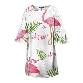 Детское платье 3D с принтом Lil Peep pink flamingo в городе Новоалтайск, 100% полиэстер | прямой силуэт, чуть расширенный к низу. Круглая горловина, на рукавах — воланы | benz truck | girls. pink | gustav hr | hip hop | lil | lil peep | peep | rap | лил | лилпип | листья | пальма | пальмы | пип | розовый | рэп | фламинго | хип хоп | эмо | эмо реп