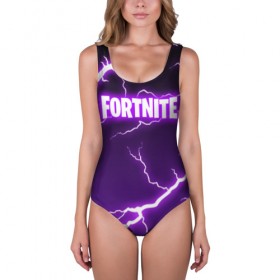 Купальник-боди 3D с принтом FORTNITE STORM в городе Новоалтайск, 82% полиэстер, 18% эластан | Круглая горловина, круглый вырез на спине | 2019 | armor | armour | battle royale | cybersport | esport | fortnite | game | llama | logo | storm | батл рояль | броня | буря | игра | киберспорт | лама | молнии | молния | разряд | симулятор строительства | строительство | ток | фиолето