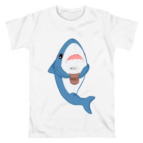Мужская футболка хлопок с принтом Hype Shark в городе Новоалтайск, 100% хлопок | прямой крой, круглый вырез горловины, длина до линии бедер, слегка спущенное плечо. | coffee | cute | hype | kawaii | shark | акула | кофе | милый | море | рыба | хищник