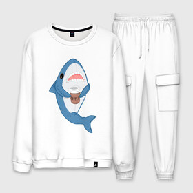 Мужской костюм хлопок с принтом Hype Shark в городе Новоалтайск, 100% хлопок | на свитшоте круглая горловина, мягкая резинка по низу. Брюки заужены к низу, на них два вида карманов: два “обычных” по бокам и два объемных, с клапанами, расположенные ниже линии бедра. Брюки с мягкой трикотажной резинкой на поясе и по низу штанин. В поясе для дополнительного комфорта — широкие завязки | coffee | cute | hype | kawaii | shark | акула | кофе | милый | море | рыба | хищник