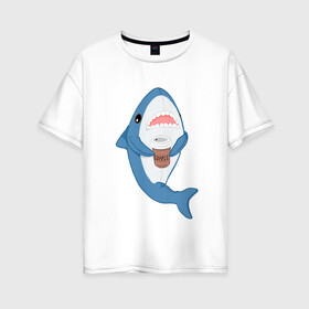 Женская футболка хлопок Oversize с принтом Hype Shark в городе Новоалтайск, 100% хлопок | свободный крой, круглый ворот, спущенный рукав, длина до линии бедер
 | coffee | cute | hype | kawaii | shark | акула | кофе | милый | море | рыба | хищник
