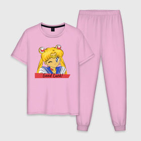 Мужская пижама хлопок с принтом Sailor Moon Good Luck в городе Новоалтайск, 100% хлопок | брюки и футболка прямого кроя, без карманов, на брюках мягкая резинка на поясе и по низу штанин
 | good luck | goodluck | sailor moon | sailormoon | мультик | мультяшка | надпись | сейлор мун | сейлормун | сэйлормун | удачи