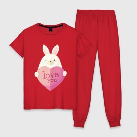 Женская пижама хлопок с принтом Милый зайчик love you в городе Новоалтайск, 100% хлопок | брюки и футболка прямого кроя, без карманов, на брюках мягкая резинка на поясе и по низу штанин | iloveyou | love | влюбленным | деньвлюбленных | зайчик | заяц | кролик | люблю | люблютебя | любовь | милая | милота | милый | нежность | признанеивлюбвю | признание | пушистый | сердечко | сердце