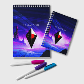 Блокнот с принтом NO MANS SKY 2019 в городе Новоалтайск, 100% бумага | 48 листов, плотность листов — 60 г/м2, плотность картонной обложки — 250 г/м2. Листы скреплены удобной пружинной спиралью. Цвет линий — светло-серый
 | game | hill | hills | mounatin | mounatins | nms | no mans sky | planet | rock | rocks | sky | snow | space | winter | игры | планеты
