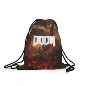 Рюкзак-мешок 3D с принтом DOOM в городе Новоалтайск, 100% полиэстер | плотность ткани — 200 г/м2, размер — 35 х 45 см; лямки — толстые шнурки, застежка на шнуровке, без карманов и подкладки | Тематика изображения на принте: demon | devil | doom | doom vfr | evil | game | mars | red | демон | дум | игры | космос | красная планета | марс | пришельцы