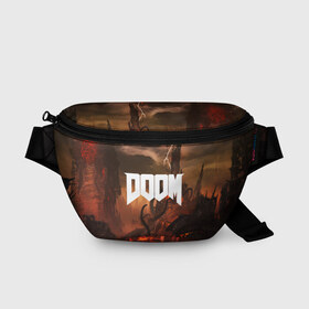 Поясная сумка 3D с принтом DOOM в городе Новоалтайск, 100% полиэстер | плотная ткань, ремень с регулируемой длиной, внутри несколько карманов для мелочей, основное отделение и карман с обратной стороны сумки застегиваются на молнию | demon | devil | doom | doom vfr | evil | game | mars | red | демон | дум | игры | космос | красная планета | марс | пришельцы