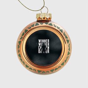 Стеклянный ёлочный шар с принтом WINNER WINNER chicken dinner	 в городе Новоалтайск, Стекло | Диаметр: 80 мм | chicken | dinner | playerunknown’s battlegrounds | pochinki | pubg | rozhok | winner | батлграунд | игра | королевская битва | пабг | плеер | починки | пубг | сосновка | ункновн | шутер