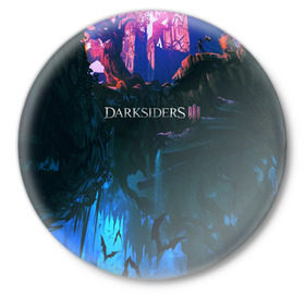 Значок с принтом DARKSIDERS 3 в городе Новоалтайск,  металл | круглая форма, металлическая застежка в виде булавки | apocalypse | building | darksider 3 | destruction | fury | roots | slasher | strife | война | всадники апокалипсиса | голод | дарксайдерс | нефилимы | раздор | ярость