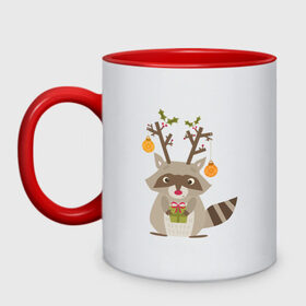 Кружка двухцветная с принтом Новогодний енот в городе Новоалтайск, керамика | объем — 330 мл, диаметр — 80 мм. Цветная ручка и кайма сверху, в некоторых цветах — вся внутренняя часть | 