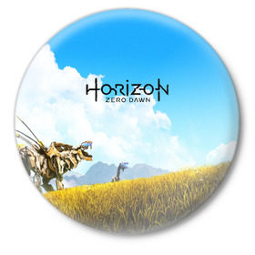 Значок с принтом Horizon Zero Dawn в городе Новоалтайск,  металл | круглая форма, металлическая застежка в виде булавки | Тематика изображения на принте: aloy | game | horizon zero dawn | hunter | machine | mecha | robot | snow | spear | the frozen wilds | weapon | игры | постапокалипсис | роботы | фентези | элой