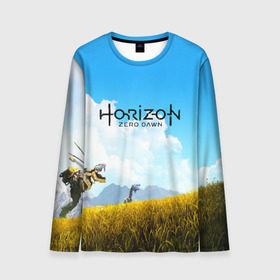 Мужской лонгслив 3D с принтом Horizon Zero Dawn в городе Новоалтайск, 100% полиэстер | длинные рукава, круглый вырез горловины, полуприлегающий силуэт | aloy | game | horizon zero dawn | hunter | machine | mecha | robot | snow | spear | the frozen wilds | weapon | игры | постапокалипсис | роботы | фентези | элой