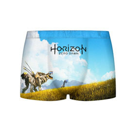 Мужские трусы 3D с принтом Horizon Zero Dawn в городе Новоалтайск, 50% хлопок, 50% полиэстер | классическая посадка, на поясе мягкая тканевая резинка | aloy | game | horizon zero dawn | hunter | machine | mecha | robot | snow | spear | the frozen wilds | weapon | игры | постапокалипсис | роботы | фентези | элой
