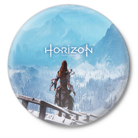Значок с принтом HORIZON ZERO DAWN в городе Новоалтайск,  металл | круглая форма, металлическая застежка в виде булавки | aloy | game | horizon zero dawn | hunter | machine | mecha | robot | snow | spear | the frozen wilds | weapon | игры | постапокалипсис | роботы | фентези | элой