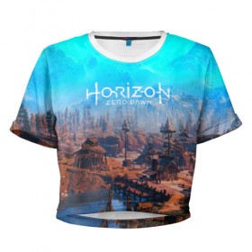 Женская футболка Cropp-top с принтом HORIZON ZERO DAWN в городе Новоалтайск, 100% полиэстер | круглая горловина, длина футболки до линии талии, рукава с отворотами | aloy | game | horizon zero dawn | hunter | machine | mecha | robot | snow | spear | the frozen wilds | weapon | игры | постапокалипсис | роботы | фентези | элой