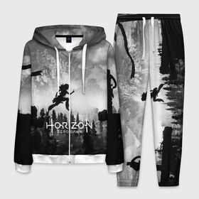 Мужской костюм 3D с принтом Horizon Zero Dawn в городе Новоалтайск, 100% полиэстер | Манжеты и пояс оформлены тканевой резинкой, двухслойный капюшон со шнурком для регулировки, карманы спереди | aloy | game | horizon zero dawn | hunter | machine | mecha | robot | snow | spear | the frozen wilds | weapon | игры | постапокалипсис | роботы | фентези | элой
