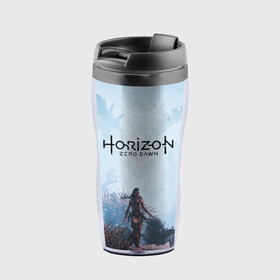 Термокружка-непроливайка с принтом Horizon Zero Dawn в городе Новоалтайск, внутренняя часть — пищевой пластик, наружная часть — прозрачный пластик, между ними — полиграфическая вставка с рисунком | объем — 350 мл, герметичная крышка | Тематика изображения на принте: aloy | game | horizon zero dawn | hunter | machine | mecha | robot | snow | spear | the frozen wilds | weapon | игры | постапокалипсис | роботы | фентези | элой