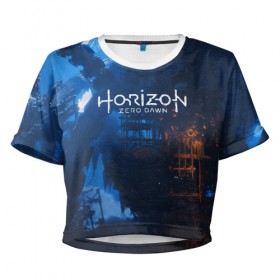 Женская футболка Cropp-top с принтом HORIZON ZERO DAWN в городе Новоалтайск, 100% полиэстер | круглая горловина, длина футболки до линии талии, рукава с отворотами | aloy | game | horizon zero dawn | hunter | machine | mecha | robot | snow | spear | the frozen wilds | weapon | игры | постапокалипсис | роботы | фентези | элой