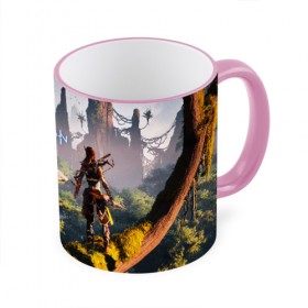 Кружка с принтом HORIZON ZERO DAWN в городе Новоалтайск, керамика | ёмкость 330 мл | aloy | game | horizon zero dawn | hunter | machine | mecha | robot | snow | spear | the frozen wilds | weapon | игры | постапокалипсис | роботы | фентези | элой