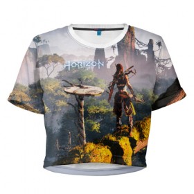 Женская футболка Cropp-top HORIZON ZERO DAWN: в городе Новоалтайск, 100% полиэстер | круглая горловина, длина футболки до линии талии, рукава с отворотами | aloy | game | horizon zero dawn | hunter | machine | mecha | robot | snow | spear | the frozen wilds | weapon | игры | постапокалипсис | роботы | фентези | элой