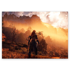 Поздравительная открытка с принтом HORIZON ZERO DAWN в городе Новоалтайск, 100% бумага | плотность бумаги 280 г/м2, матовая, на обратной стороне линовка и место для марки
 | aloy | game | horizon zero dawn | hunter | machine | mecha | robot | snow | spear | the frozen wilds | weapon | игры | постапокалипсис | роботы | фентези | элой