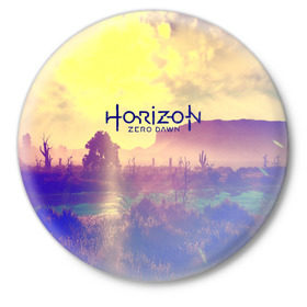 Значок с принтом HORIZON ZERO DAWN в городе Новоалтайск,  металл | круглая форма, металлическая застежка в виде булавки | Тематика изображения на принте: aloy | game | horizon zero dawn | hunter | machine | mecha | robot | snow | spear | the frozen wilds | weapon | игры | постапокалипсис | роботы | фентези | элой