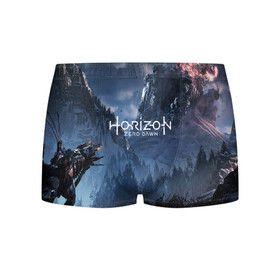 Мужские трусы 3D с принтом HORIZON ZERO DAWN в городе Новоалтайск, 50% хлопок, 50% полиэстер | классическая посадка, на поясе мягкая тканевая резинка | aloy | game | horizon zero dawn | hunter | machine | mecha | robot | snow | spear | the frozen wilds | weapon | игры | постапокалипсис | роботы | фентези | элой