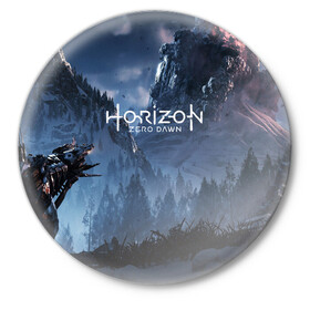 Значок с принтом HORIZON ZERO DAWN в городе Новоалтайск,  металл | круглая форма, металлическая застежка в виде булавки | aloy | game | horizon zero dawn | hunter | machine | mecha | robot | snow | spear | the frozen wilds | weapon | игры | постапокалипсис | роботы | фентези | элой