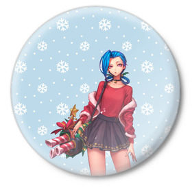 Значок с принтом New Year Jinx в городе Новоалтайск,  металл | круглая форма, металлическая застежка в виде булавки | christmas | game | jinx | legends | legue | legueoflegends | lol | snow | snowflakes | xmas | безбашенная | джинкс | игра | легенд | лига | лигалегенд | лол | рождество | стрелок | хулиганка