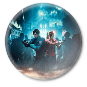 Значок с принтом Resident Evil 2 в городе Новоалтайск,  металл | круглая форма, металлическая застежка в виде булавки | 2 | biohazard | claire | evil | horror | raccoon | resident | survival | t virus | t вирус | выживание | зла | кеннеди | клэр | леон | обитель | раккун | редфилд | скотт | ужас