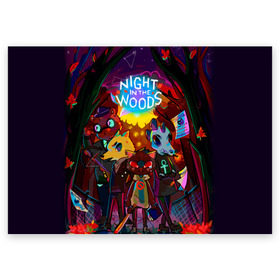 Поздравительная открытка с принтом Night in the Woods (1) в городе Новоалтайск, 100% бумага | плотность бумаги 280 г/м2, матовая, на обратной стороне линовка и место для марки
 | bear | cat | fox | night | night in the woods | woods | кот | лес | лис | медведь | ночь | ночь в лесу