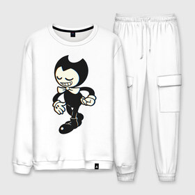 Мужской костюм хлопок с принтом Bendy в городе Новоалтайск, 100% хлопок | на свитшоте круглая горловина, мягкая резинка по низу. Брюки заужены к низу, на них два вида карманов: два “обычных” по бокам и два объемных, с клапанами, расположенные ниже линии бедра. Брюки с мягкой трикотажной резинкой на поясе и по низу штанин. В поясе для дополнительного комфорта — широкие завязки | Тематика изображения на принте: bendy | bendy in the ink machine | cartoon | game | бенди | игра